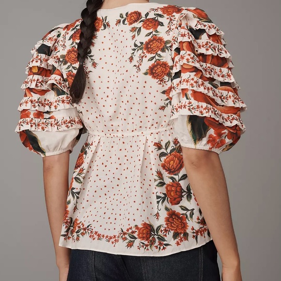 NWT Farm Rio x Anthropologie Vibrant Red Floral Wrap Top Size S Puff Sleeve - Picture 3 of 14